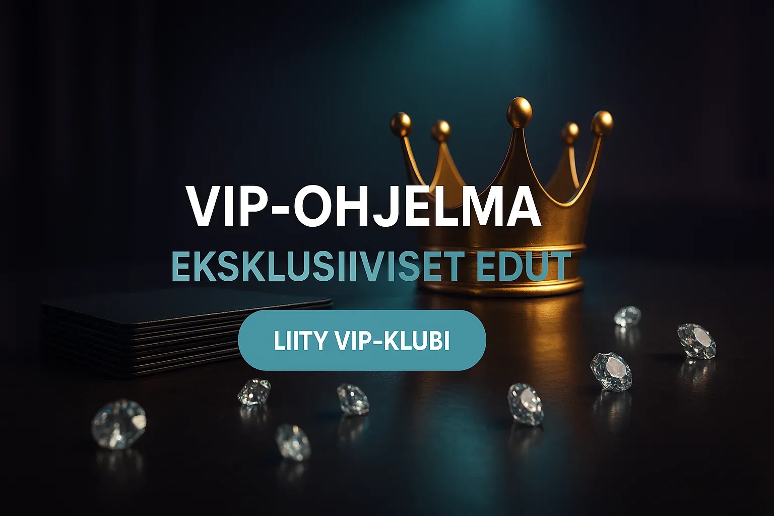 VIP-kasino banneri, kruunu, premium-kortit ja timantit VIP-loungessa