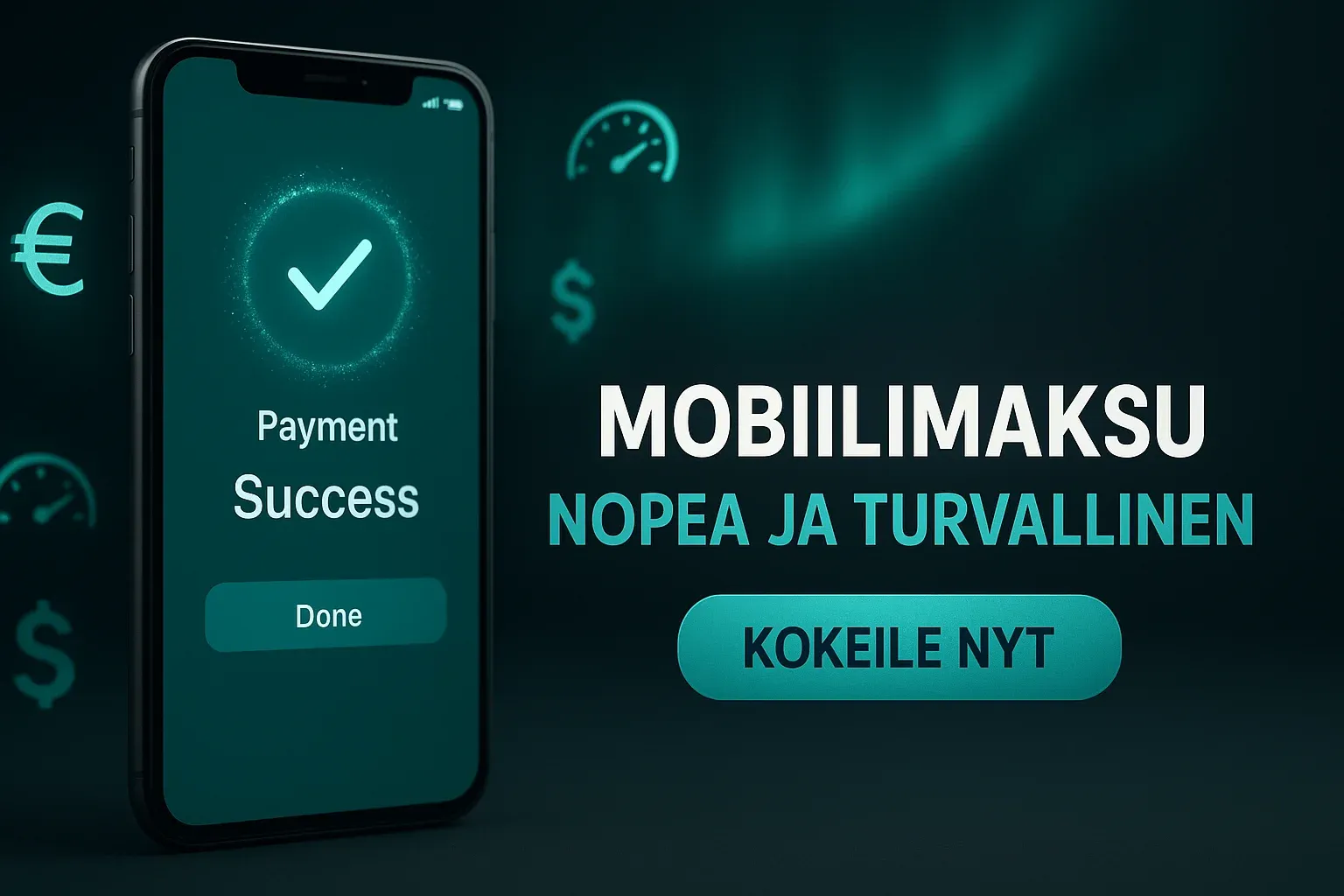Leveä suomalainen kasinobanneri mobiilimaksulla, teal vahvistusnäyttö ja CTA
