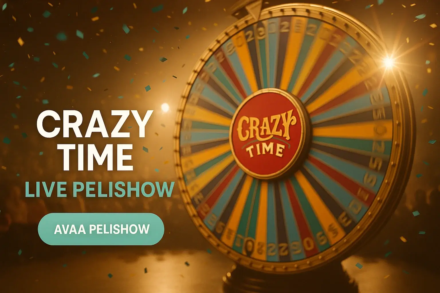 Fotorealistinen live-kasinobanneri Crazy Time -pelishowsta, pyörivä onnenpyörä ja konfetti