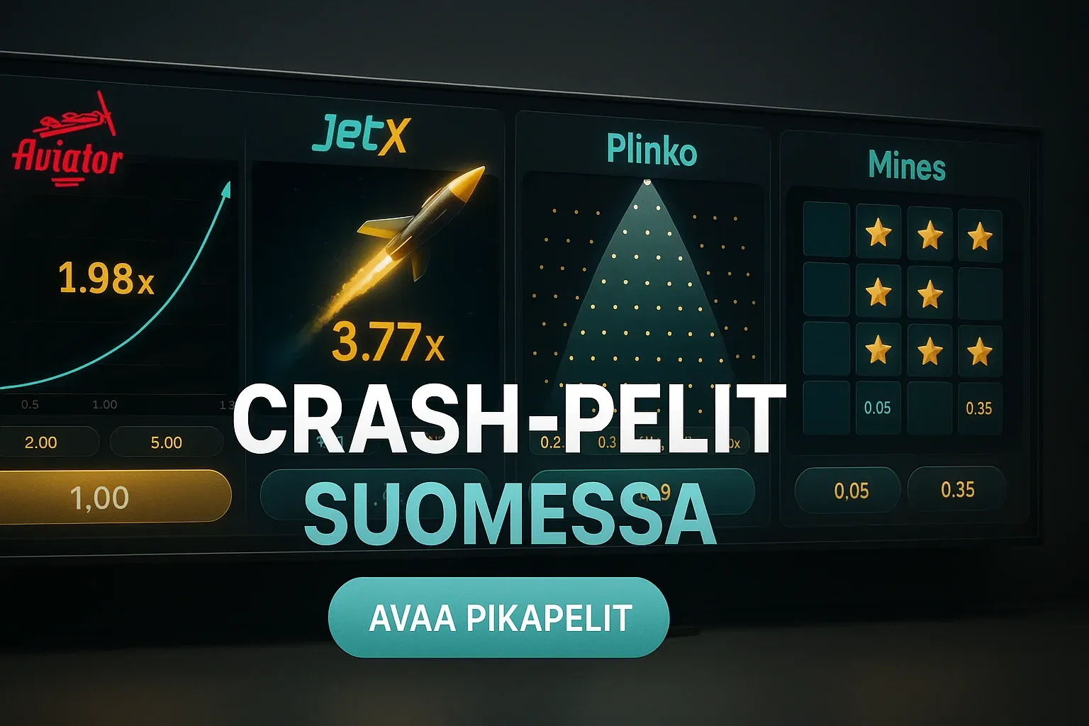Leveä kasinobanneri crash-peleistä, neljä pelinäkymää ja CTA-painike