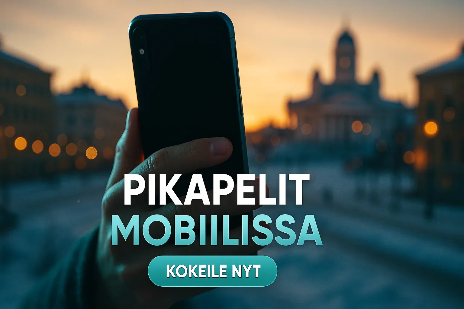 Fotorealistinen suomalainen kasinobanneri, käsi pitelee älypuhelinta talvikaupungissa