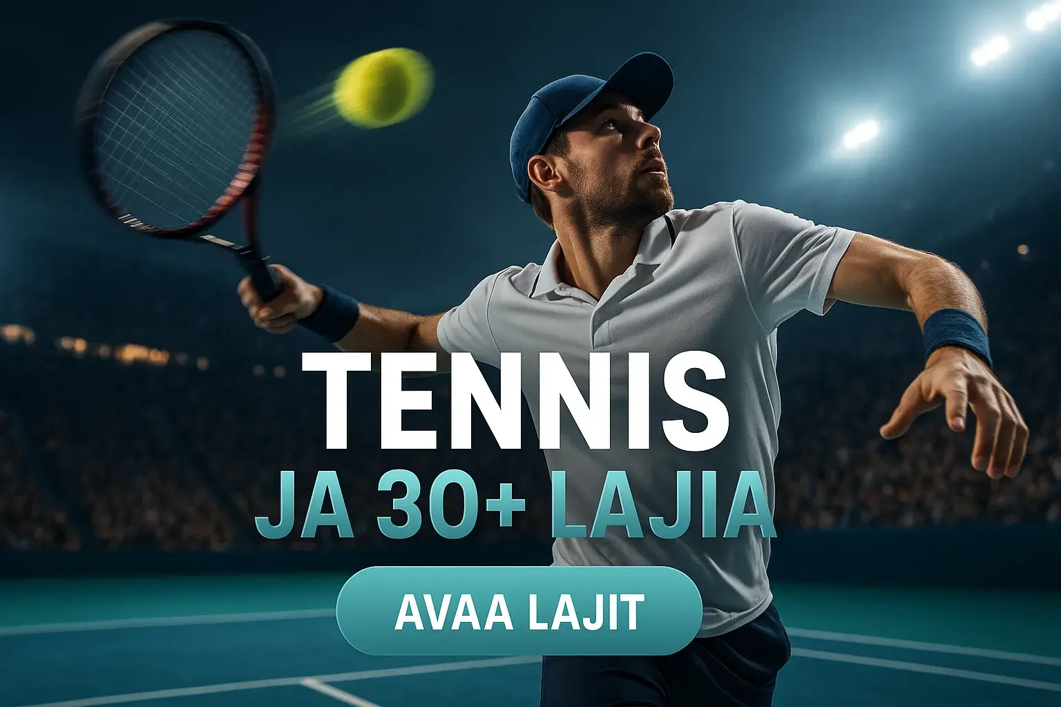 Fotorealistinen tennisvedonlyöntibanneri, pelaaja syöttää, teksti TENNIS ja CTA